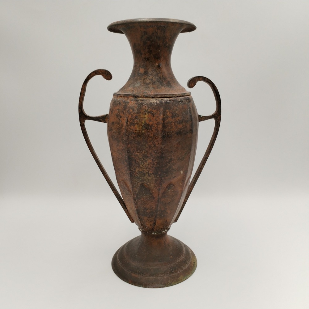 Vintage 10 In Solid Brass Double Handle Urn Vase Grecian Vessel Rustic Patina